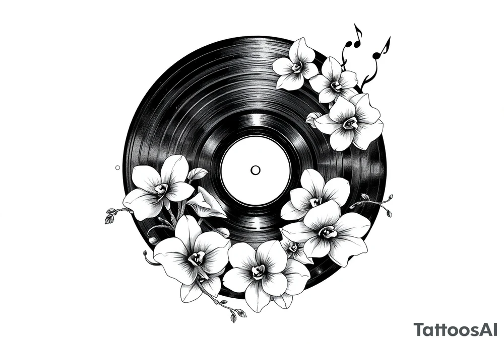 one black and white vinyl record with mushrooms, orchids, and music notes around it tattoo idea