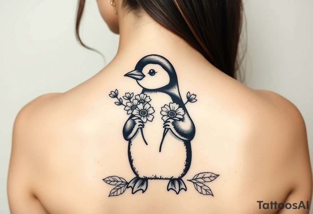 Cute penguin holding flowers tattoo idea