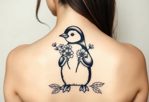 Cute penguin holding flowers tattoo idea