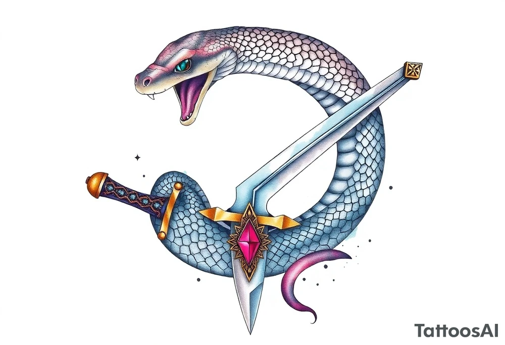 mystical snake coiled around an ancient dagger with jeweled hilt tattoo idea