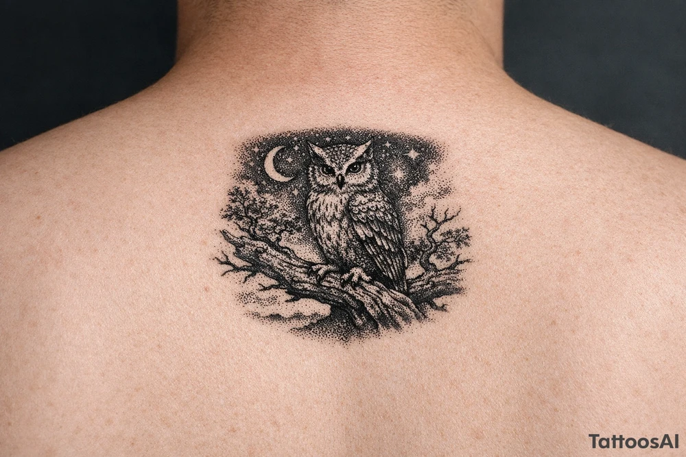 wise owl perched on ancient oak branch under starlit sky tattoo idea
