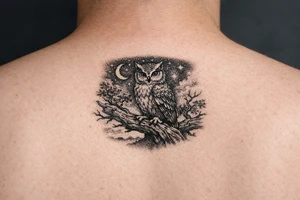 wise owl perched on ancient oak branch under starlit sky tattoo idea