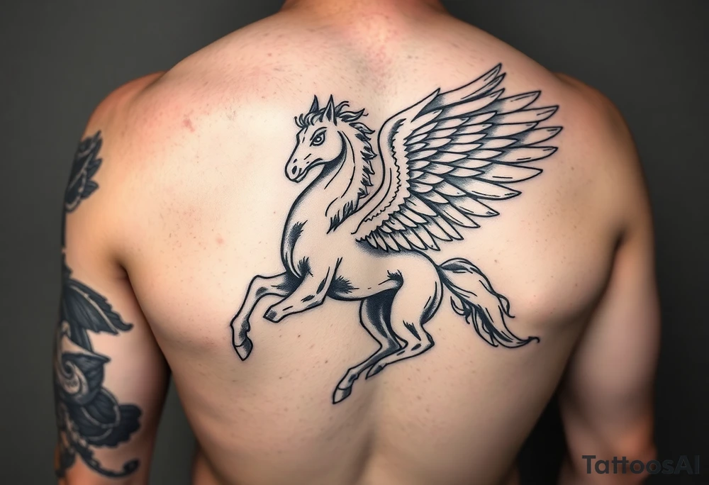 A fierce whimsical, Pegasus, shaded greys forearm and hand
 Make it suitable for an arm tattoo idea