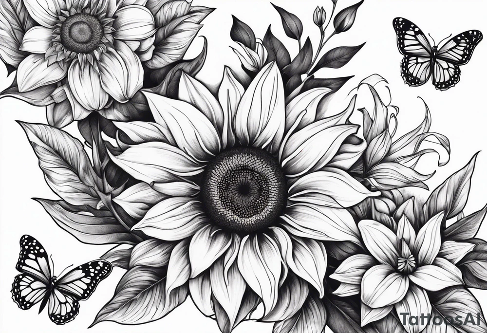 Sunflower and lily with butterflies tattoo idea