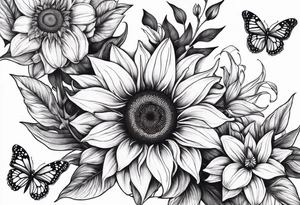 Sunflower and lily with butterflies tattoo idea