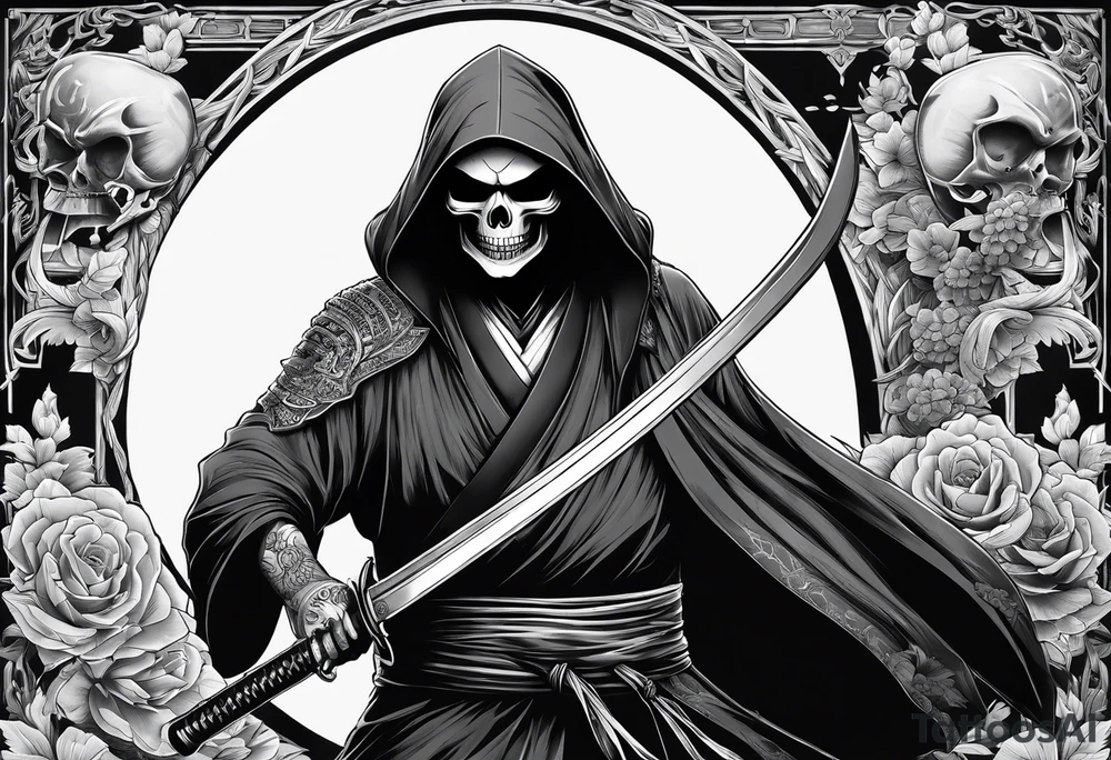 katana with grim reaper and skull tattoo idea
