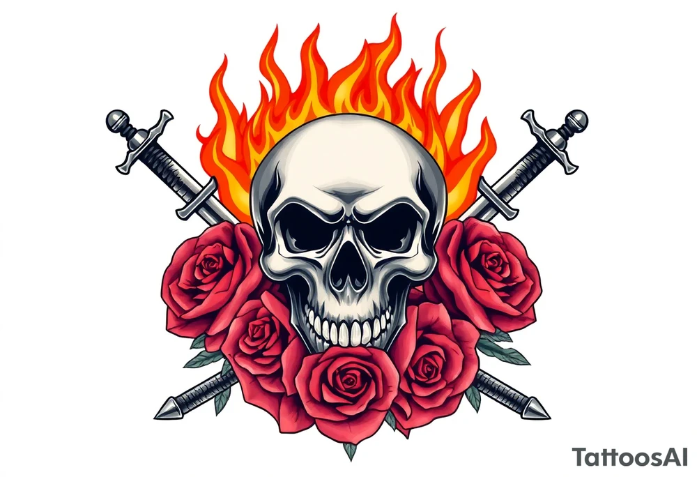 Skull engulfed in flames, crossed swords behind, blooming roses. tattoo idea