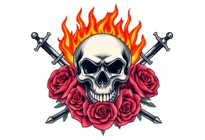 Skull engulfed in flames, crossed swords behind, blooming roses. tattoo idea