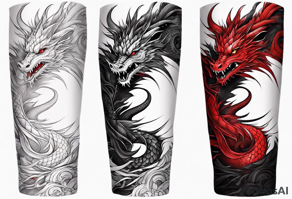 dragon irezumi arm sleeve in black and red tattoo idea