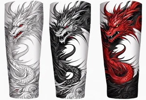 dragon irezumi arm sleeve in black and red tattoo idea