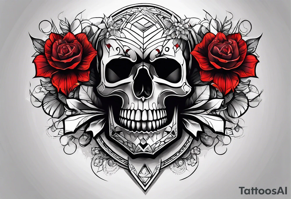Skull Knee tattoo with flowers and geometric shapes, tints of red tattoo idea