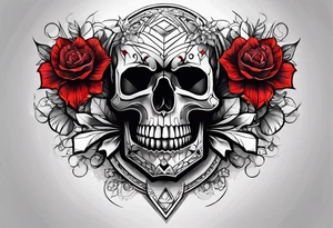 Skull Knee tattoo with flowers and geometric shapes, tints of red tattoo idea