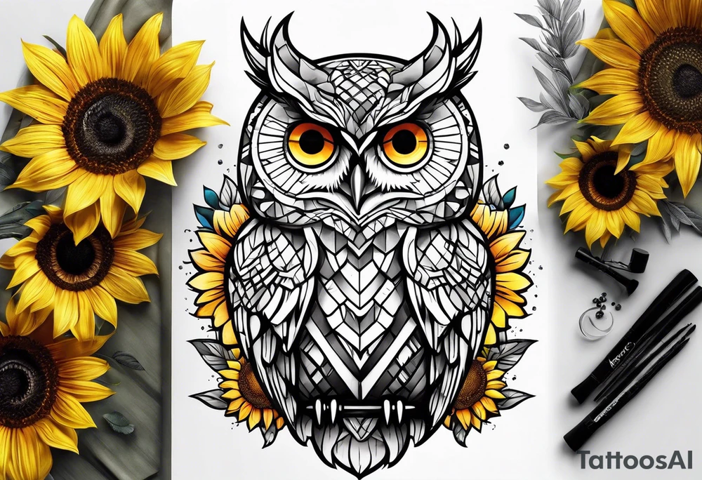 Owl and sunflower sleeve tattoo idea