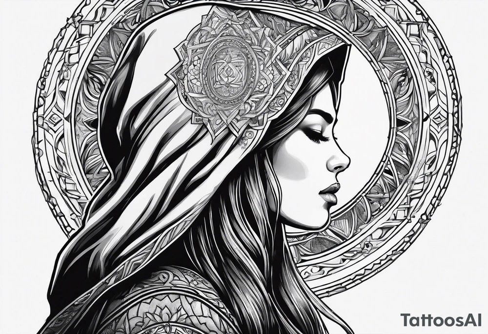 Woman with long hair in a hood in profile looking up and reaching for an orb with her left hand tattoo idea