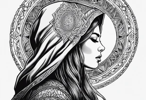 Woman with long hair in a hood in profile looking up and reaching for an orb with her left hand tattoo idea