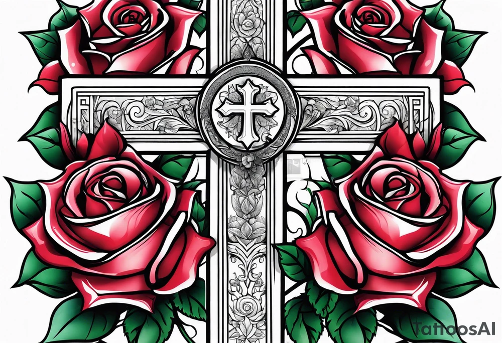 Cross with roses and bible verse tattoo idea