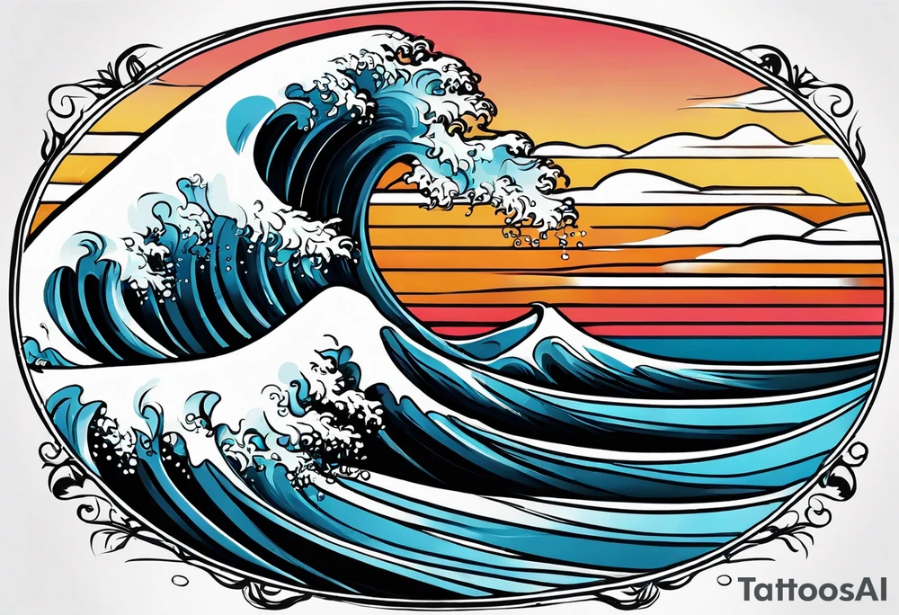 waves;  
"come what may" written underneath; outside forearm not an oval tattoo idea