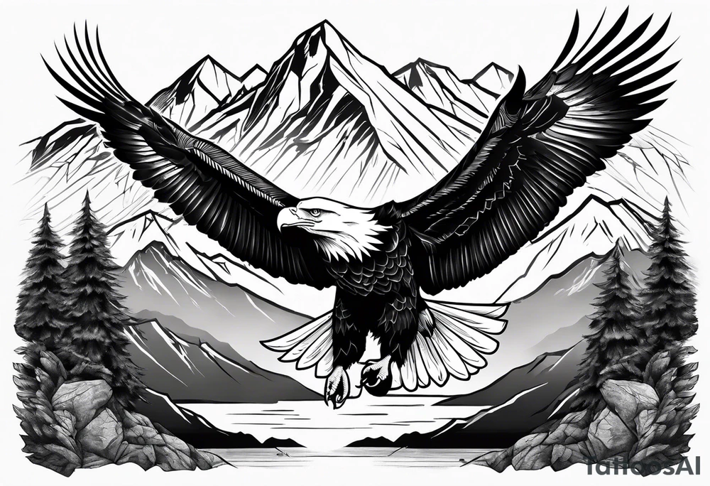 6 mountains in background with bald eagle flying tattoo idea 6 mountains in background with bald eagle flying tattoo idea