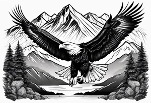 6 mountains in background with bald eagle flying tattoo idea