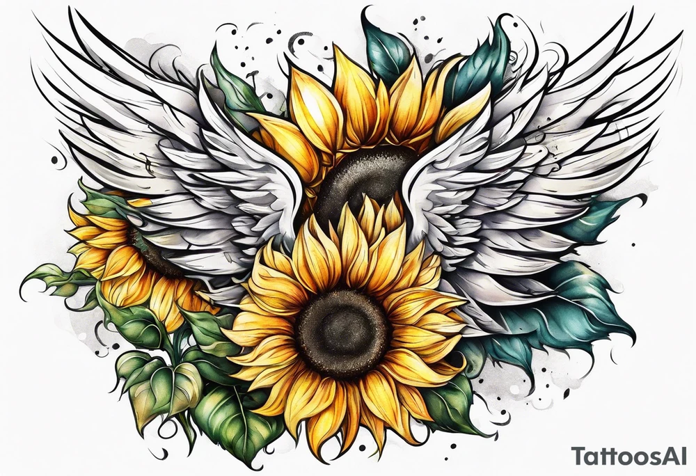 Sunflowers and angel wings leg sleeve tattoo idea