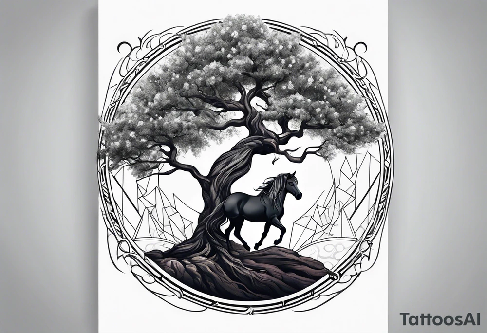 Realistic Horse and Yggdrasil tree tattoo idea