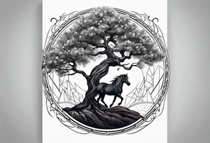Realistic Horse and Yggdrasil tree tattoo idea