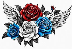 Colored blue and red roses angel tattoo idea