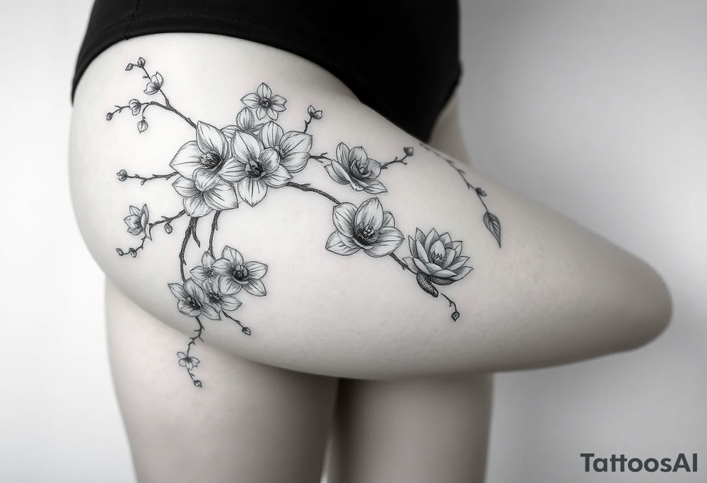 Orchid or cherry blossom tree and lotus and snake and angels on a woman tattoo idea
