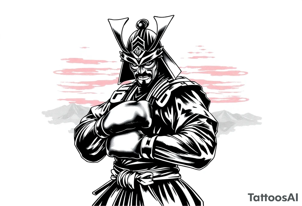 noble samurai warrior silhouette at sunset with boxing gloves tattoo idea
