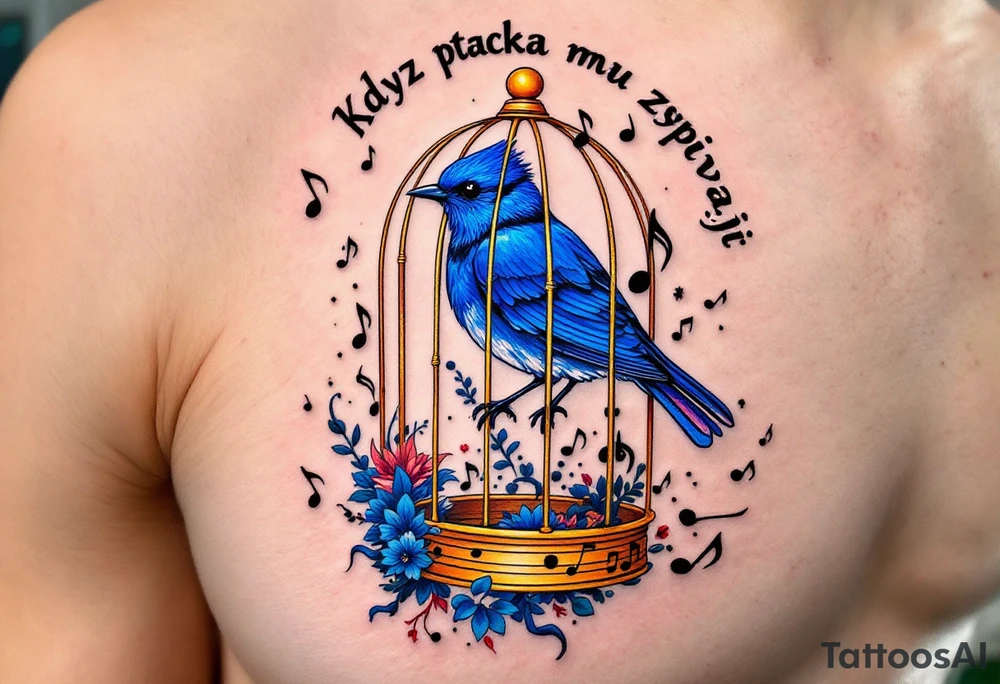 "Kdyz ptacka lapaji, pekne mu zpivaji." — A bluebird in a gilded cage made of musical notes, with the proverb arched in fine black ink above. tattoo idea