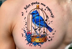 "Kdyz ptacka lapaji, pekne mu zpivaji." — A bluebird in a gilded cage made of musical notes, with the proverb arched in fine black ink above. tattoo idea