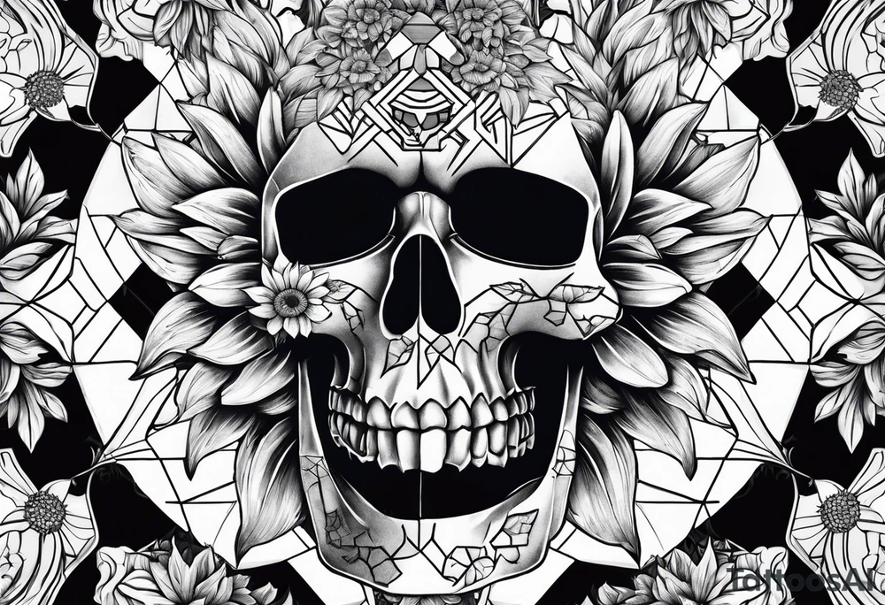 Sunflower, skull with puzzle pieces of real face tattoo idea