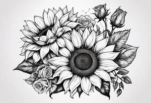 Sunflower and roses with the name Arianna in red scrip letters and “you are my sunshine” tattoo idea