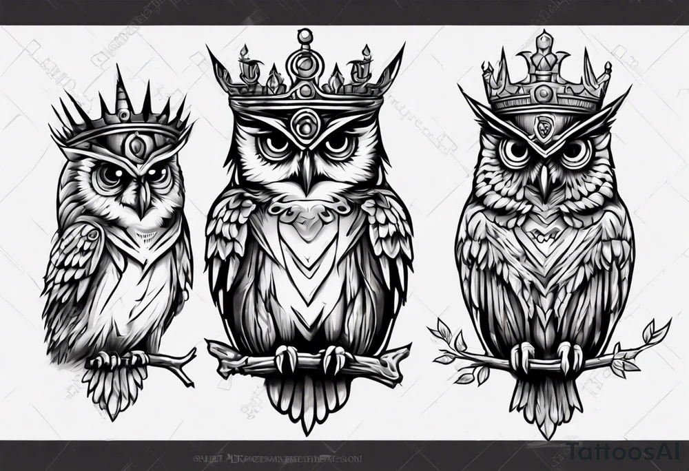 Wise Crowned Owl looking to the rights tattoo idea