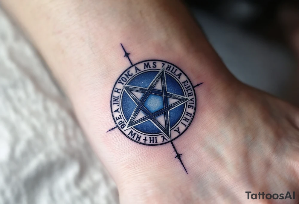 A deep blue pentacle encircled by ancient runes, glowing subtly with silver highlights. tattoo idea