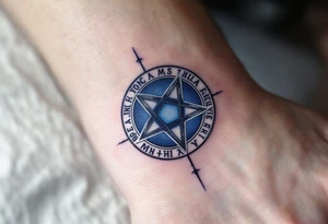 A deep blue pentacle encircled by ancient runes, glowing subtly with silver highlights. tattoo idea