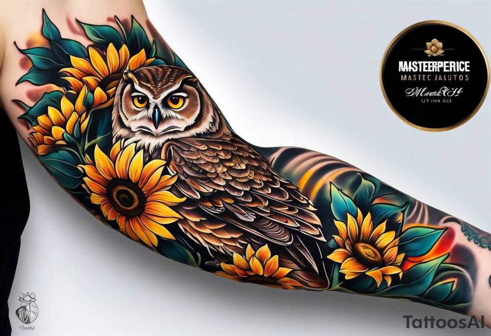 Arm sleeve with owl and sunflowers tattoo idea