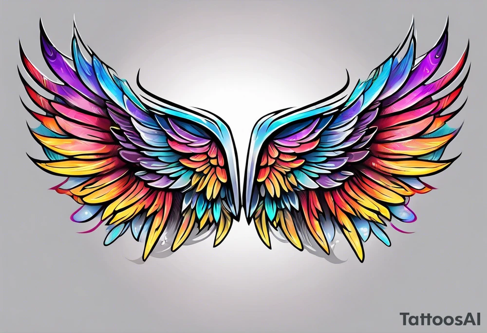 beautiful intricate colorful new school angel wings, tattoo idea