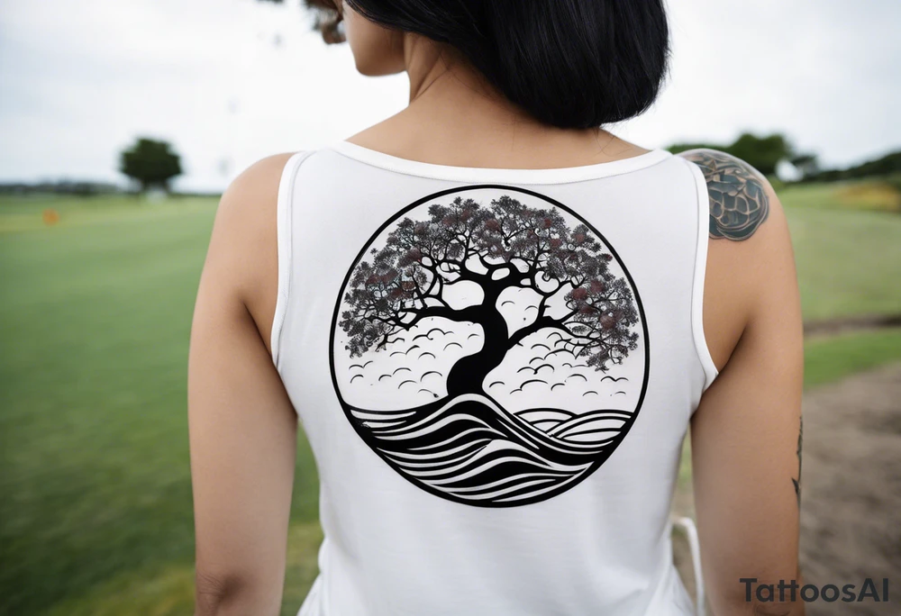 A tattoo of an abstract Tree of Life tattoo to be placed directly on the bicep of a woman. It can wrap around the arm a little. It should have roots growing out of the bottom. The roots slowly turn into water from the Great Wave by Hokusai. A golf flag should be placed discreetly growing out of the ground. 2 license plate tags should be hanging from the tree. Place a few music notes in the areas the leaves should be. The letters A U should be engraving into the tree trunk in a heart. Not inside a circle. The overall shape of the tattoo should be organic. Black and white only. tattoo idea