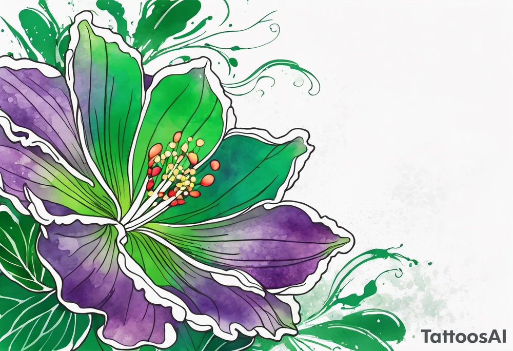 An outline of a green rio dipladenia flower and a green and purple watercolor splash in the background tattoo idea