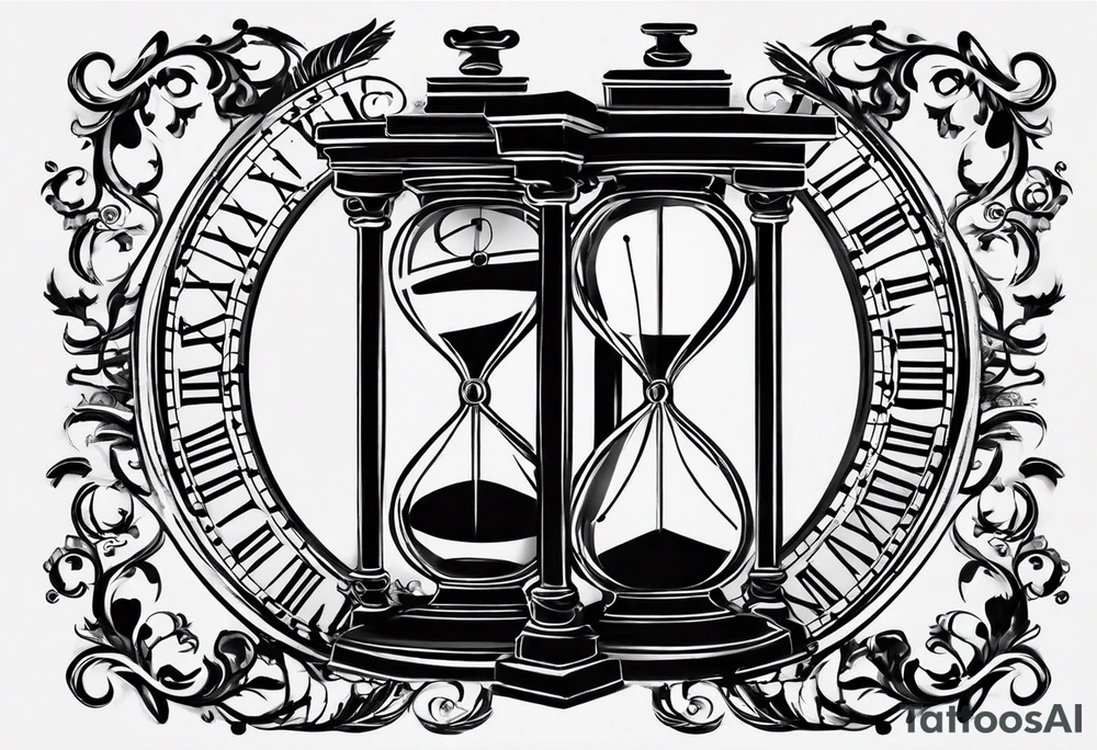draw a clock/hourglass. They are surrounded by Roman numerals. It is a black and white tattoo for the right shoulder of a man tattoo idea