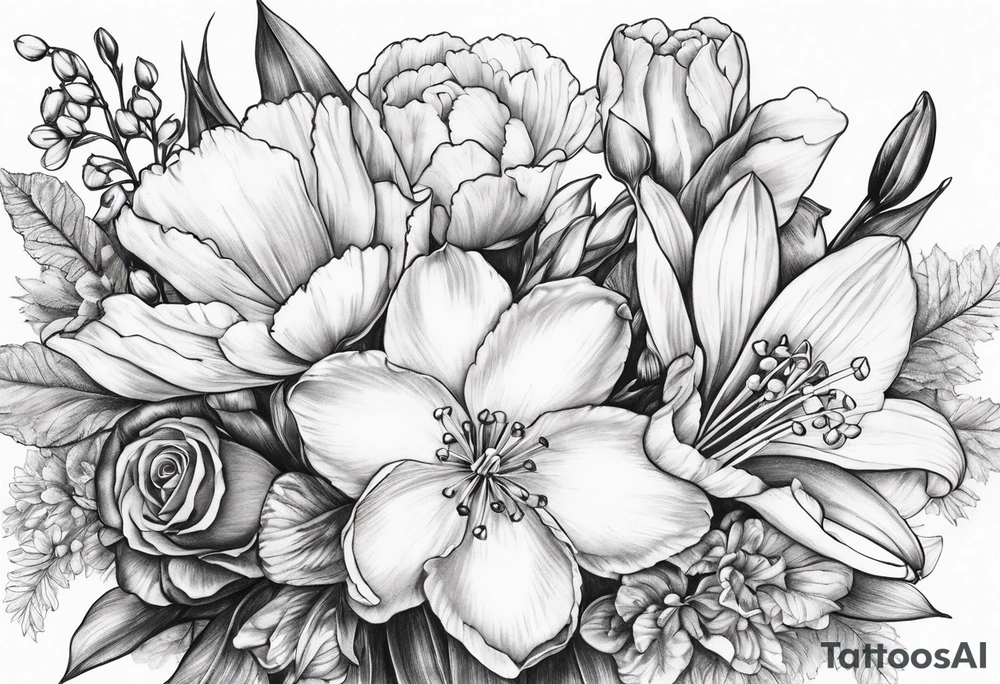 Bouquet
with 1 snowdrop 2 carnations 1 rose 1 lily of the valley 1 daffodil 1 peony tattoo idea