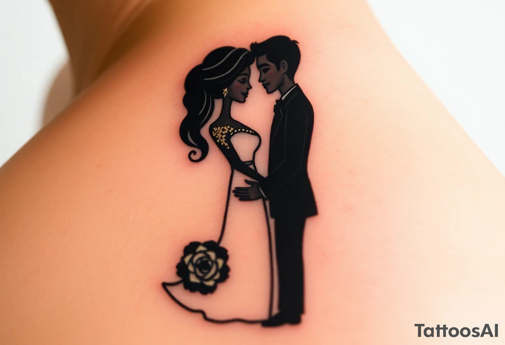 A black and white silhouette of a bride and groom in a romantic embrace, with soft golden highlights for warmth and elegance tattoo idea