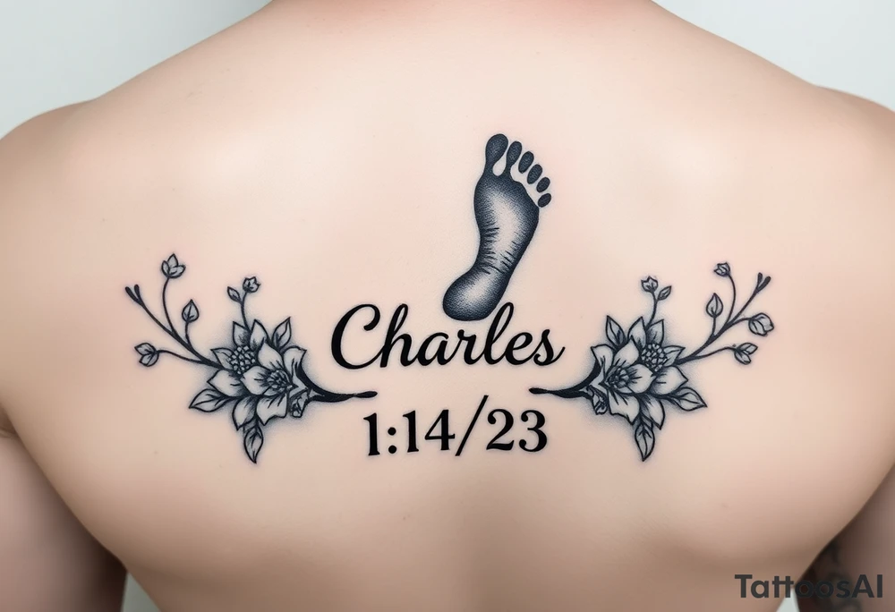 Baby footprint surrounded by the name Charles and the date 1/14/23 and floral vines tattoo idea