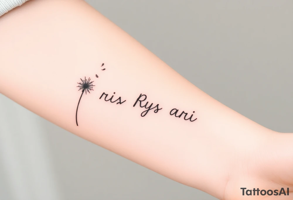 Rix Rys Ari realistic watercolor This image features a delicate dandelion tattoo on a person’s skin, with fine lines and soft shading. The dandelion’s stem extends from the bottom left corner, leading to the detailed flower head, which appears to be dispersing its seeds. The seeds are shown floating away in a natural, wind-swept motion, symbolizing freedom, change, and new beginnings.

The tattoo has a subtle watercolor effect with a gentle pinkish hue around the base of the dandelion, adding depth and softness to the design. The fine-line work gives it a refined and elegant look. tattoo idea