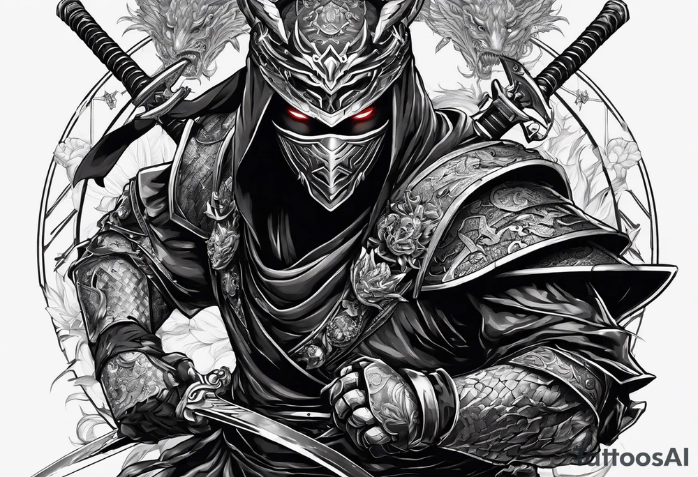 Angry Male Modern robot ninja with demon mask with swords in hands fighting dragon tattoo idea