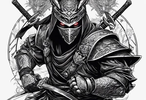 Angry Male Modern robot ninja with demon mask with swords in hands fighting dragon tattoo idea
