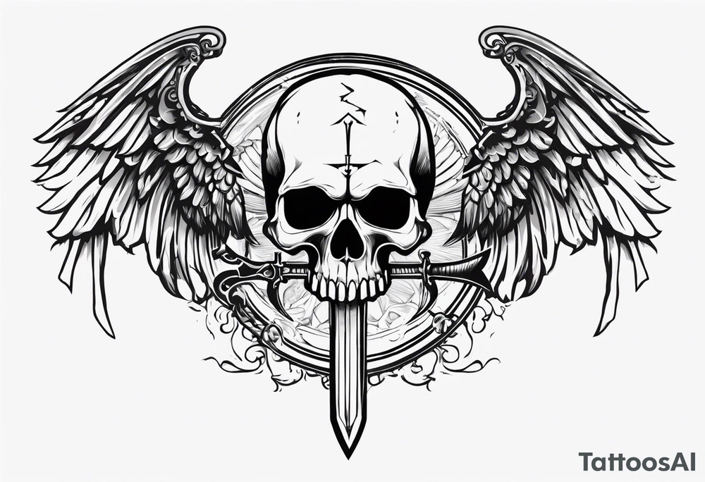 In the center is a half skull pierced by a large sword. On either side of the skull, there are spread angel wings, Beneath the skull is a ribbon weaves through both the skull and the sword tattoo idea