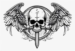 In the center is a half skull pierced by a large sword. On either side of the skull, there are spread angel wings, Beneath the skull is a ribbon weaves through both the skull and the sword tattoo idea