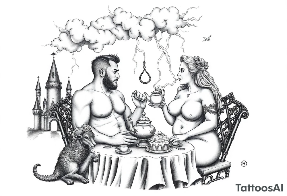 Naked Man and woman having sex Storm lightening clouds gothic sexy naked fat lady having a tea party with tea pot and medieval castle
with a pigglets, peacock, noose, lion, goat, smoking cigerettes looking in the mirror eating a cake thru storm clouds with razor blades and broken hearts and darkness and wrath, envy , gluttony, greed, sloth, pride kill tattoo idea